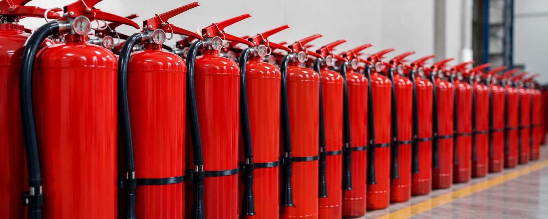 Fila de extintores rojos en bodega de EXTINGRAFIC, Talcahuano